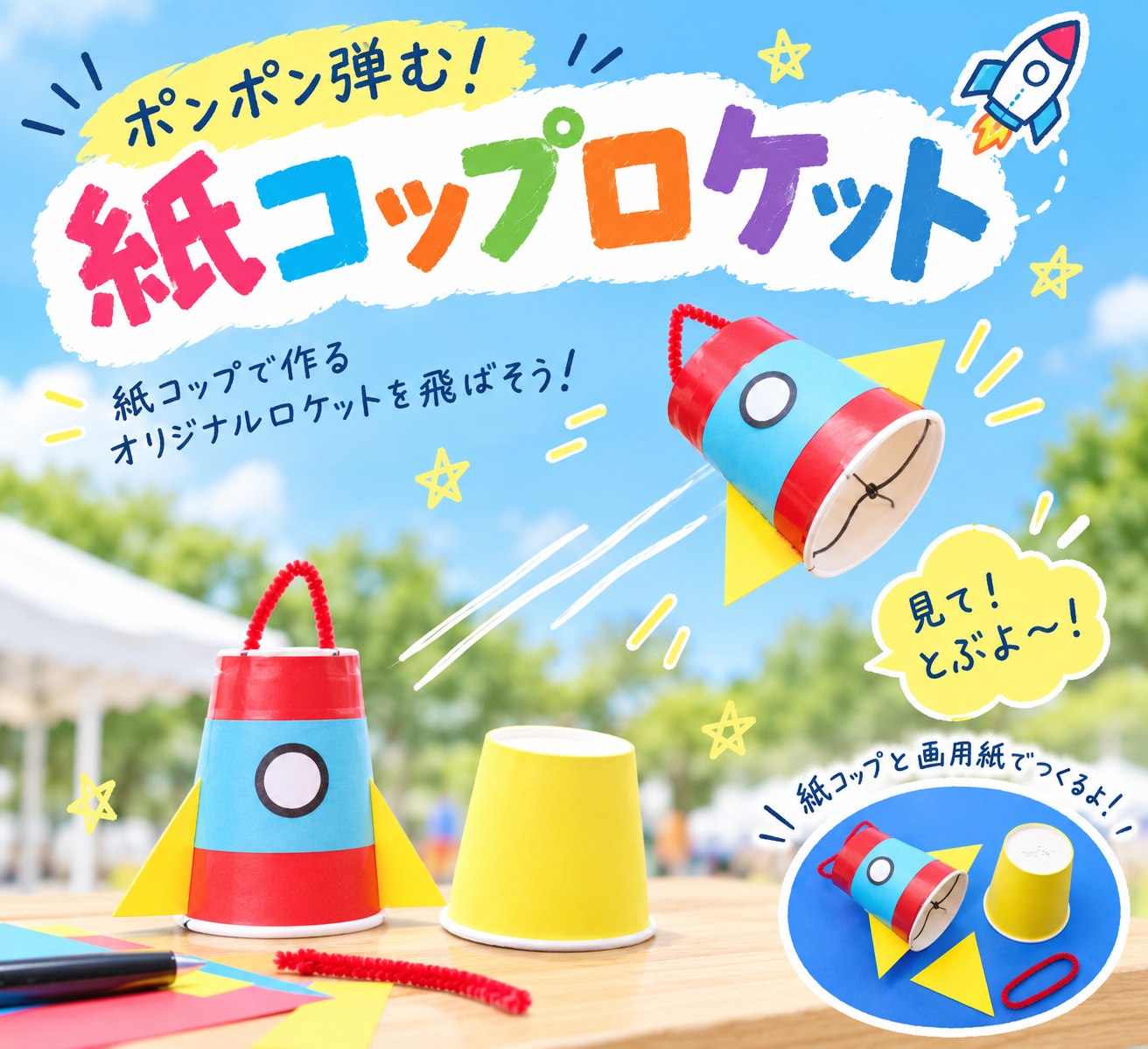 紙コップロケットの工作イメージ。